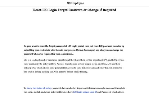 Reset LIC Login Forgot Password or Change if Required