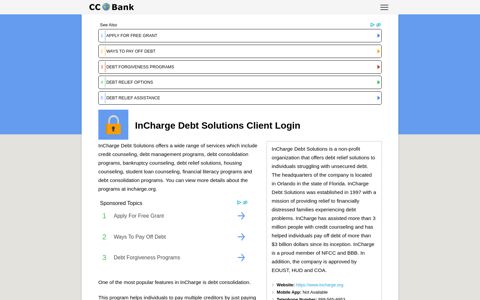 InCharge Debt Solutions Client Login - CC Bank