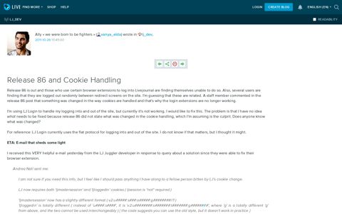 Release 86 and Cookie Handling: lj_dev — LiveJournal