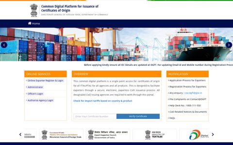 Common Digital Platform for Issuance of Certificate of Origin