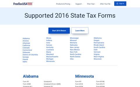 FreeTaxUSA® Supported State Tax Forms for 2016