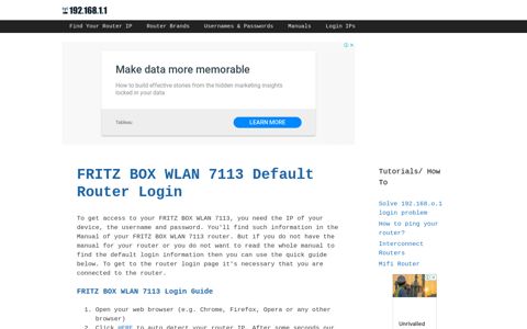 FRITZ BOX WLAN 7113 - Default login IP, default username ...