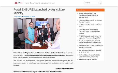 Portal ENSURE Launched by Agriculture Ministry