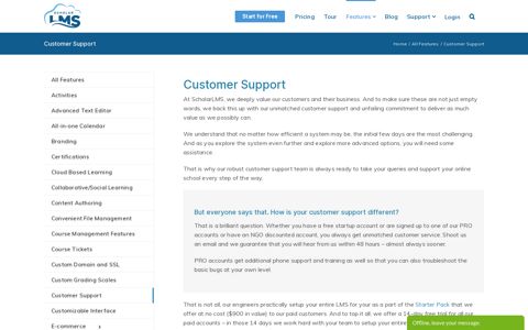 Learning Management System Features - Customer support
