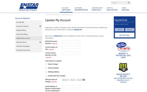 Update My Account | ENSTAR Natural Gas