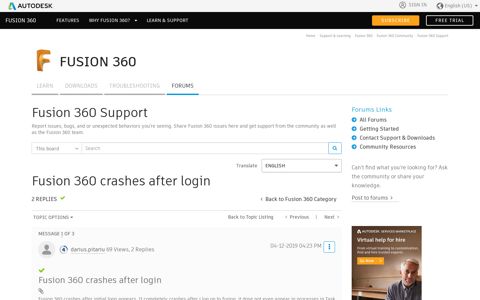 Fusion 360 crashes after login - Autodesk forums