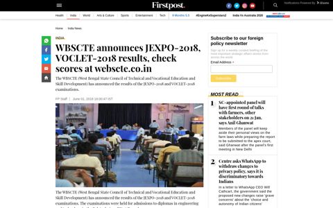WBSCTE announces JEXPO-2018, VOCLET-2018 results ...