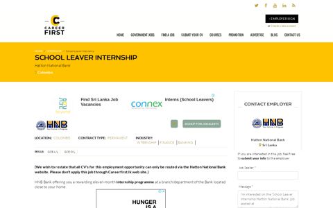 School Leaver Internship Job Vacancy at Hatton National Bank
