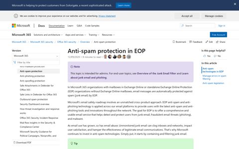 Anti-spam protection - Office 365 | Microsoft Docs