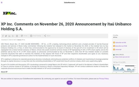 XP Inc. Comments on November 26, 2020 Announcement by ...