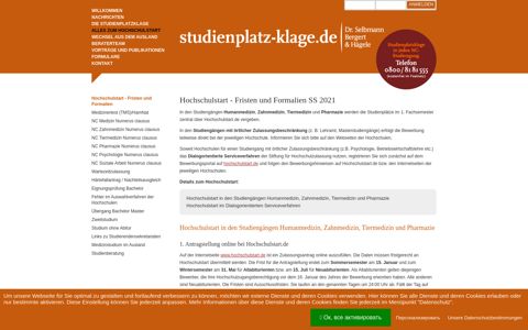 Hochschulstart - Fristen und Formalien - studienplatz-klage.de