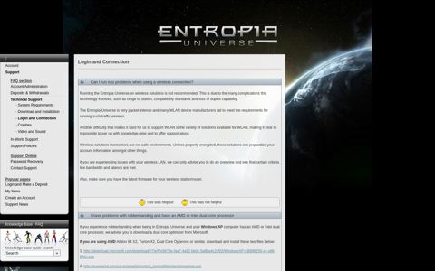 Login and Connection - Entropia Universe