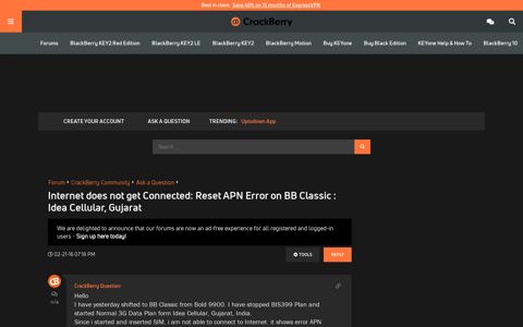 Internet does not get Connected: Reset APN Error on BB Classic