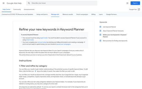 Refine your new keywords in Keyword Planner - Google Ads ...
