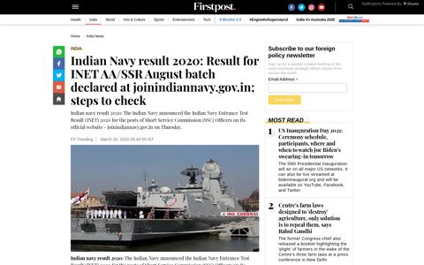 Indian Navy result 2020: Result for INET AA/SSR August batch ...