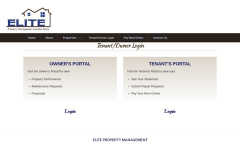 Tenant/Owner Login - Elite Property Management