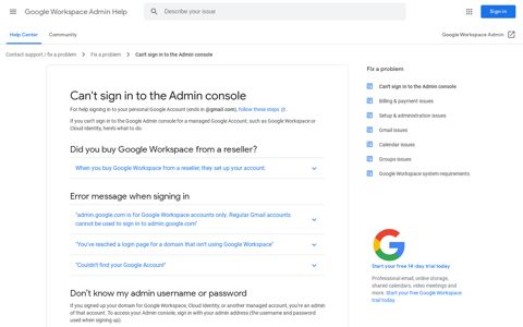Can't sign in to the Admin console - Google Workspace Admin ...