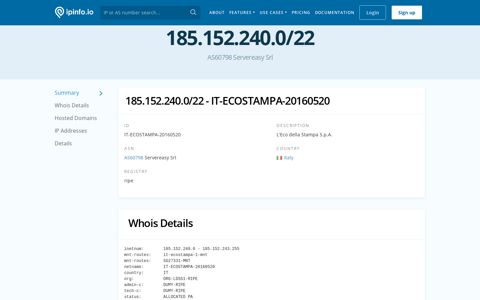 185.152.240.0/22 Netblock Details - L'Eco della Stampa S.p.A. ...
