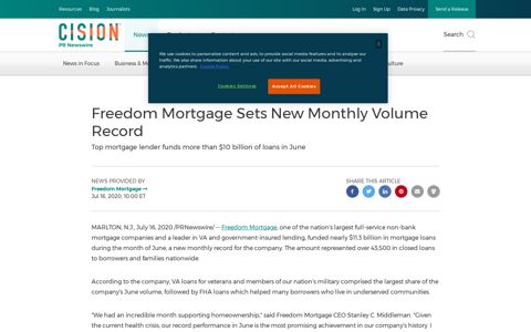 Freedom Mortgage Sets New Monthly Volume Record