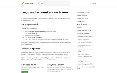 Instacart Help Center - Login and account access issues