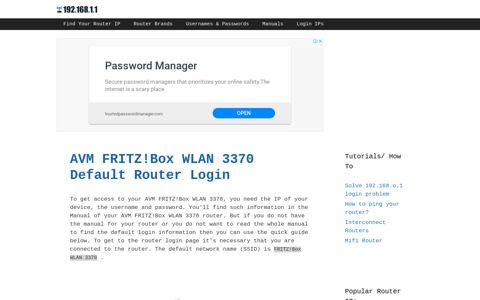 AVM FRITZ!Box WLAN 3370 - Default login IP ... - 192.168.1.1
