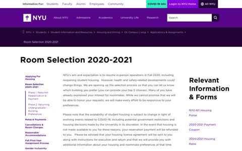 Room Selection 2020-2021 - NYU