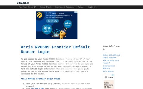 Arris NVG589 Frontier - Default login IP, default username ...
