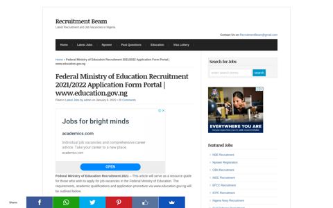 Federal Ministry of Education Recruitment 2020/2021 ...