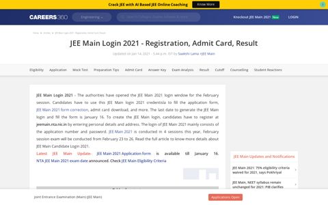JEE Main Candidate Login 2021 - Application From, Admit Card