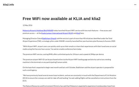 Free WiFi now available at KLIA and klia2 – klia2.info