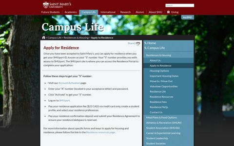 Apply to Residence - Saint Mary's University