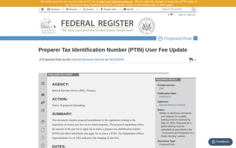 Preparer Tax Identification Number (PTIN ... - Federal Register