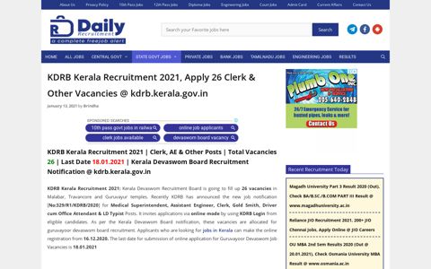 KDRB Kerala Recruitment 2021, Apply 26 Clerk & Other ...