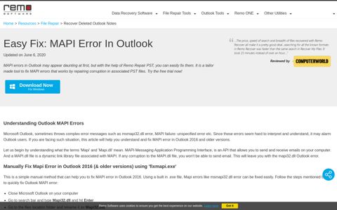 How to fix Mapi Error in Outlook 2016 and older versions?