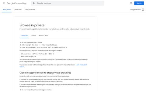 Browse in private - Computer - Google Chrome Help