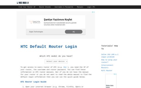 HTC Default Router Login - 192.168.1.1