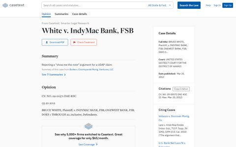 White v. IndyMac Bank, FSB, CV. NO. 09-00571 DAE-KSC ...