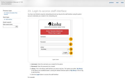 23. Login to access staff interface — Koha Installation Manual ...