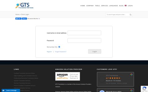 GTS Translation Services client login page, login to GTS website