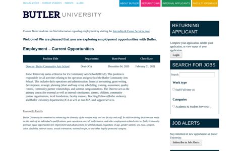 Butler University Job Search