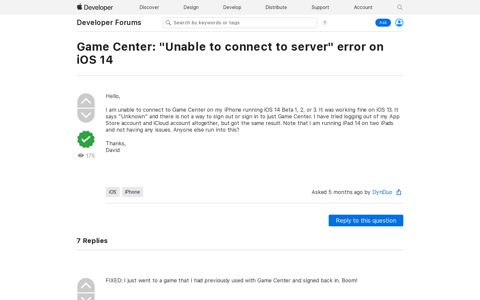 Game Center: "Unable to connect to… | Apple Developer ...