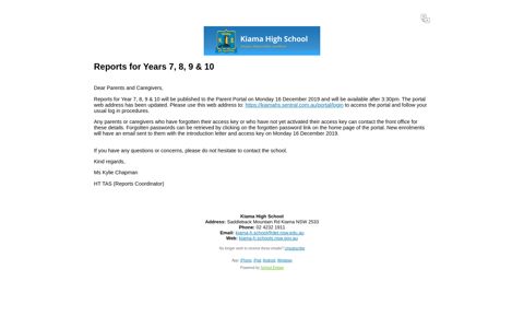 View Email - Reports for Years 7, 8, 9 & 10