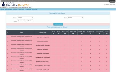 Timing Wise Attendance - Education Portal - Madhya Pradesh