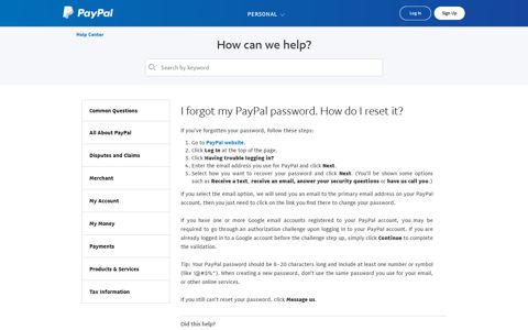 I forgot my PayPal password. How do I reset it?