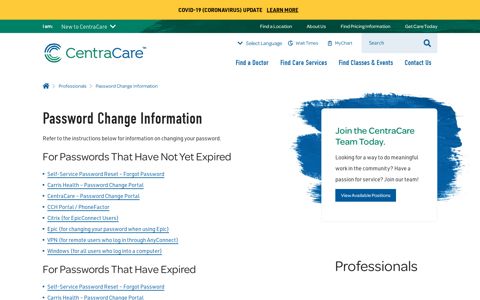 Password Change Information | Central ... - CentraCare