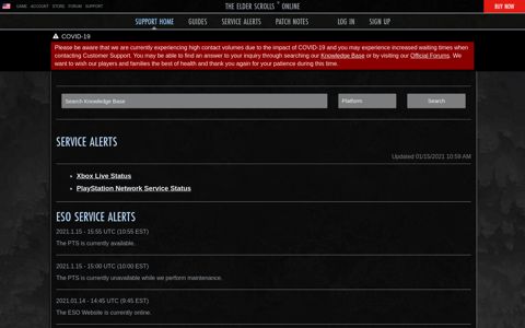 ESO Service Alerts - Support | The Elder Scrolls Online