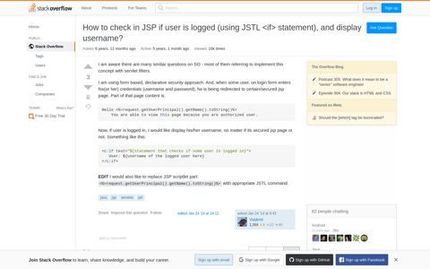 How to check in JSP if user is logged (using JSTL <if ...