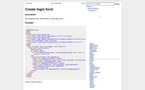 jQuery Mobile - Create login form - Java2s