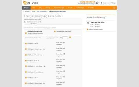 EV Gera: Strompreise im Überblick - Verivox