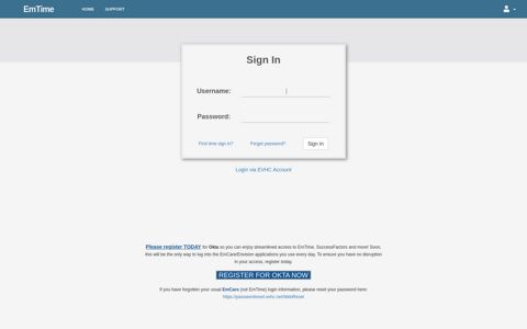 Login via EVHC Account - EmTime sign in page